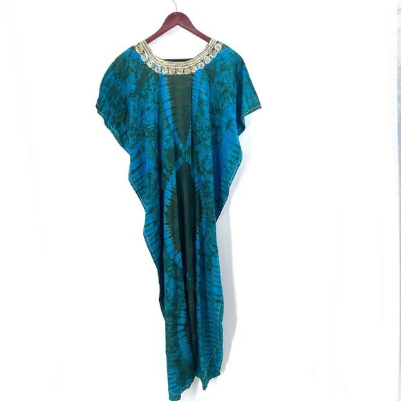 Vintage Stoneage Arts Boho Tie Dye Embroidered Mumu Kaftan Dress One Size - Picture 6 of 7